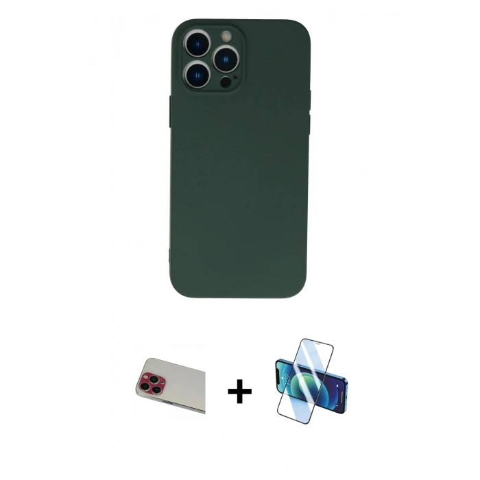 MARSİLYAN™- iPhone 13 Pro Max Kılıf Ahenk Serisi - Siyah 3D Antistatik Cam Ekran Koruyucu + Rainbow Kamera Lens Koruma Cam - KI