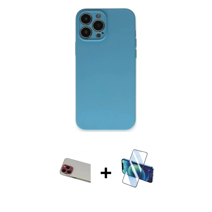 MARSİLYAN™- iPhone 13 Pro Max Kılıf Ahenk Serisi - Siyah 3D Antistatik Cam Ekran Koruyucu + Rainbow Kamera Lens Koruma Cam - KI