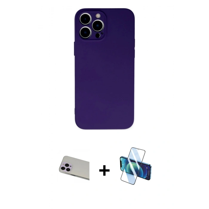 MARSİLYAN™- iPhone 13 Pro Max Kılıf Ahenk Serisi - Siyah 3D Antistatik Cam Ekran Koruyucu + Rainbow Kamera Lens Koruma Cam - MR