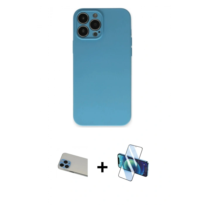 MARSİLYAN™- iPhone 13 Pro Max Kılıf Ahenk Serisi - Siyah 3D Antistatik Cam Ekran Koruyucu + Rainbow Kamera Lens Koruma Cam - MI