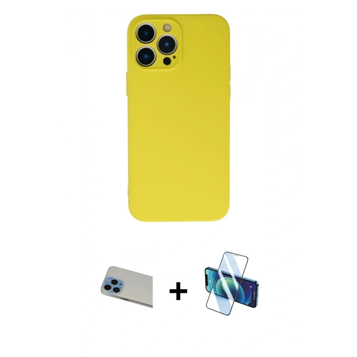 MARSİLYAN™- iPhone 13 Pro Max Kılıf Ahenk Serisi - Siyah 3D Antistatik Cam Ekran Koruyucu + Rainbow Kamera Lens Koruma Cam - MI