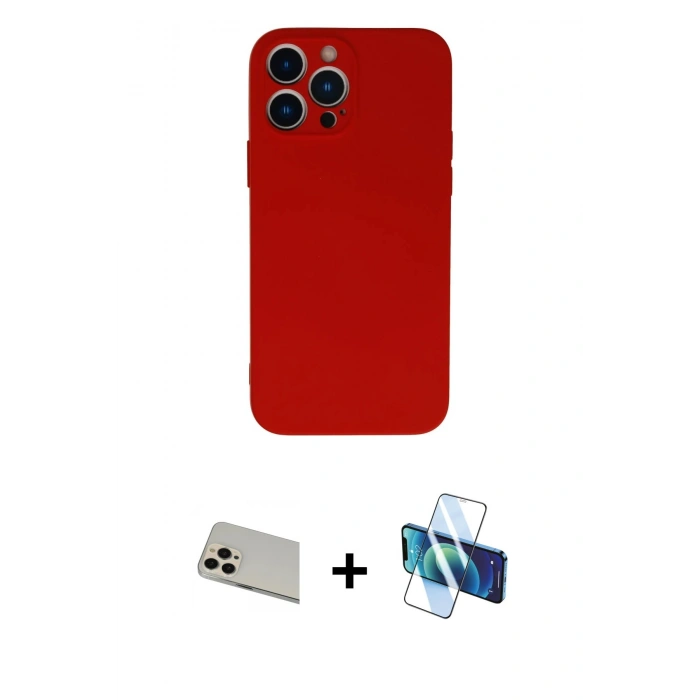 MARSİLYAN™- iPhone 13 Pro Max Kılıf Ahenk Serisi - Siyah 3D Antistatik Cam Ekran Koruyucu + Rainbow Kamera Lens Koruma Cam - REGD