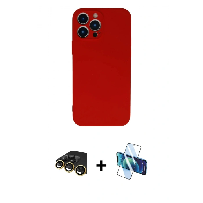 MARSİLYAN™- iPhone 13 Pro Max Kılıf Ahenk Serisi - Siyah 3D Antistatik Cam Ekran Koruyucu + Raze Metal Kamera Lens - GD