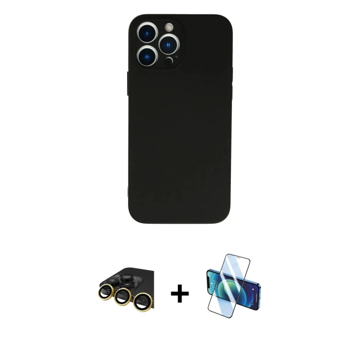 MARSİLYAN™- iPhone 13 Pro Max Kılıf Ahenk Serisi - Siyah 3D Antistatik Cam Ekran Koruyucu + Raze Metal Kamera Lens - GD