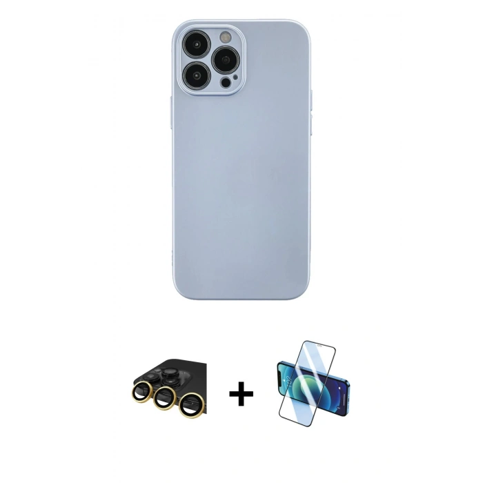 MARSİLYAN™- iPhone 13 Pro Max Kılıf Ahenk Serisi - Siyah 3D Antistatik Cam Ekran Koruyucu + Raze Metal Kamera Lens - GD
