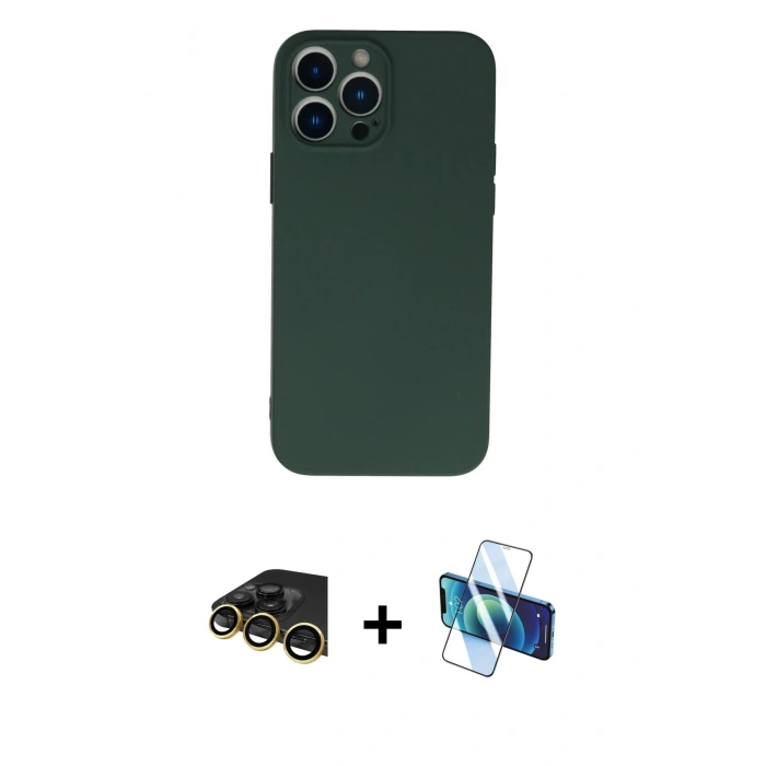 MARSİLYAN™- iPhone 13 Pro Max Kılıf Ahenk Serisi - Siyah 3D Antistatik Cam Ekran Koruyucu + Raze Metal Kamera Lens - GD