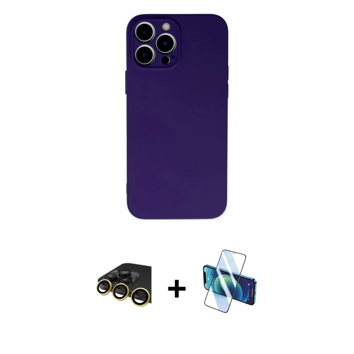 MARSİLYAN™- iPhone 13 Pro Max Kılıf Ahenk Serisi - Siyah 3D Antistatik Cam Ekran Koruyucu + Raze Metal Kamera Lens - GD