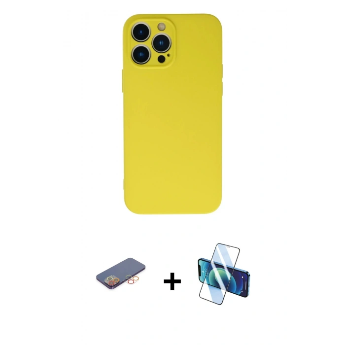 MARSİLYAN™- iPhone 13 Pro Max Kılıf Ahenk Serisi - Siyah 3D Antistatik Cam Ekran Koruyucu + Renkli Kamera Lens Koruma Cam - TU