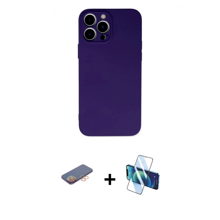 MARSİLYAN™- iPhone 13 Pro Max Kılıf Ahenk Serisi - Siyah 3D Antistatik Cam Ekran Koruyucu + Renkli Kamera Lens Koruma Cam - TU