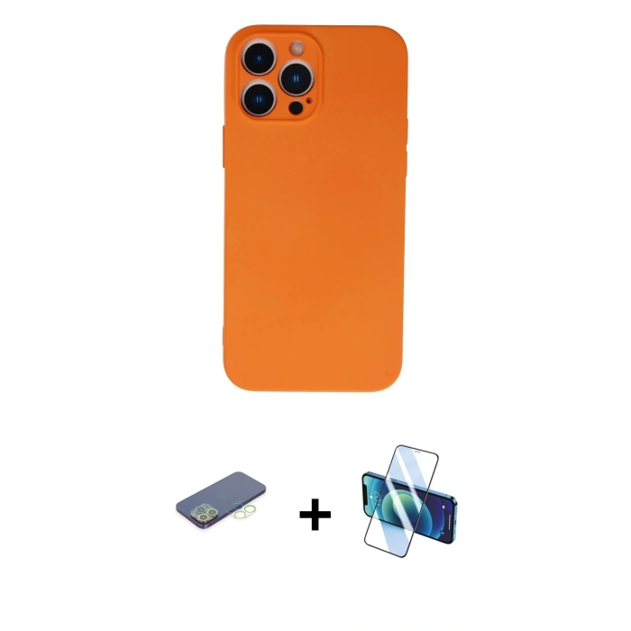 MARSİLYAN™- iPhone 13 Pro Max Kılıf Ahenk Serisi - Siyah 3D Antistatik Cam Ekran Koruyucu + Renkli Kamera Lens Koruma Cam - YL