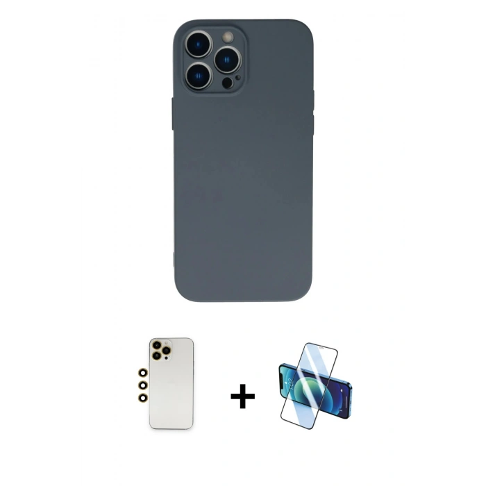 MARSİLYAN™- iPhone 13 Pro Max Kılıf Ahenk Serisi - Siyah 3D Antistatik Cam Ekran Koruyucu + Shine Kamera Lens - GD