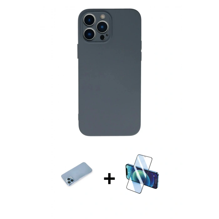 MARSİLYAN™- iPhone 13 Pro Max Kılıf Ahenk Serisi - Siyah 3D Antistatik Cam Ekran Koruyucu + Shine Kamera Lens Koruma Cam - MI