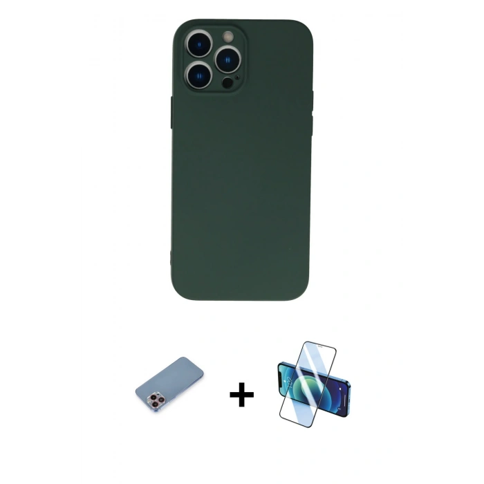 MARSİLYAN™- iPhone 13 Pro Max Kılıf Ahenk Serisi - Siyah 3D Antistatik Cam Ekran Koruyucu + Shine Kamera Lens Koruma Cam - PE