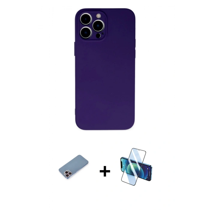 MARSİLYAN™- iPhone 13 Pro Max Kılıf Ahenk Serisi - Siyah 3D Antistatik Cam Ekran Koruyucu + Shine Kamera Lens Koruma Cam - PE
