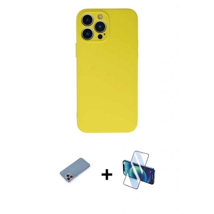 MARSİLYAN™- iPhone 13 Pro Max Kılıf Ahenk Serisi - Siyah 3D Antistatik Cam Ekran Koruyucu + Shine Kamera Lens Koruma Cam - PE