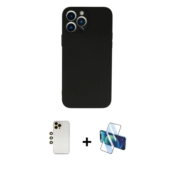 MARSİLYAN™- iPhone 13 Pro Max Kılıf Ahenk Serisi - Siyah 3D Antistatik Cam Ekran Koruyucu + Shine Kamera Lens - GD