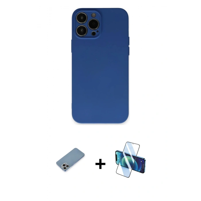 MARSİLYAN™- iPhone 13 Pro Max Kılıf Ahenk Serisi - Siyah 3D Antistatik Cam Ekran Koruyucu + Shine Kamera Lens Koruma Cam - GI