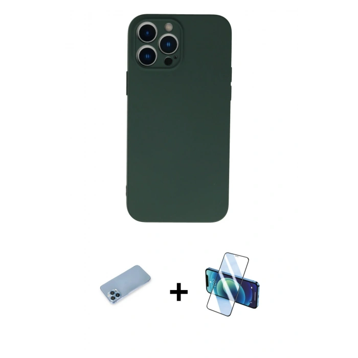 MARSİLYAN™- iPhone 13 Pro Max Kılıf Ahenk Serisi - Siyah 3D Antistatik Cam Ekran Koruyucu + Shine Kamera Lens Koruma Cam - MI