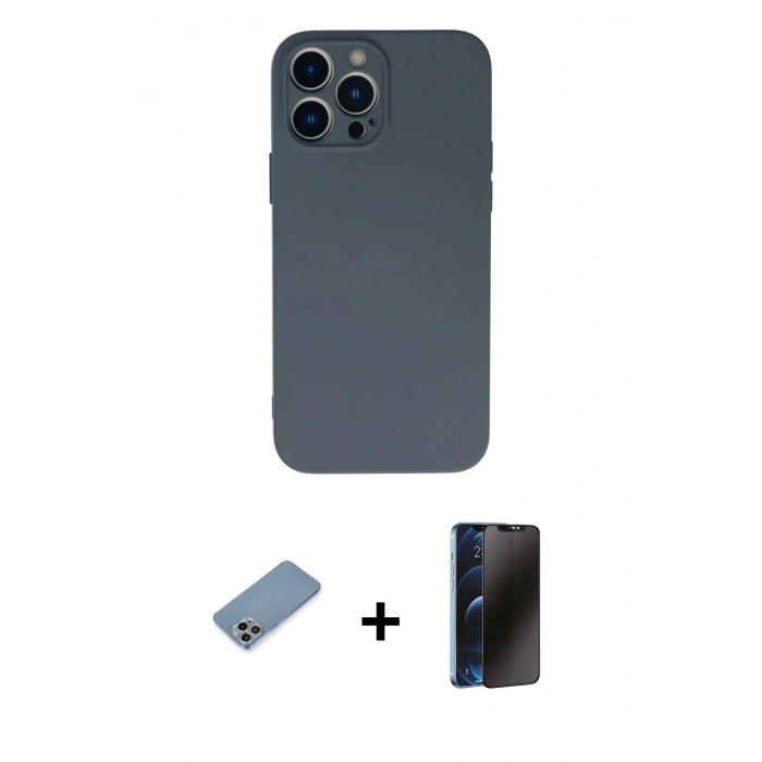 MARSİLYAN™- iPhone 13 Pro Max Kılıf Ahenk Serisi - Siyah 3D Antistatik Hayalet Cam Ekran Koruyucu + Shine Kamera Lens Koruma Cam - GI