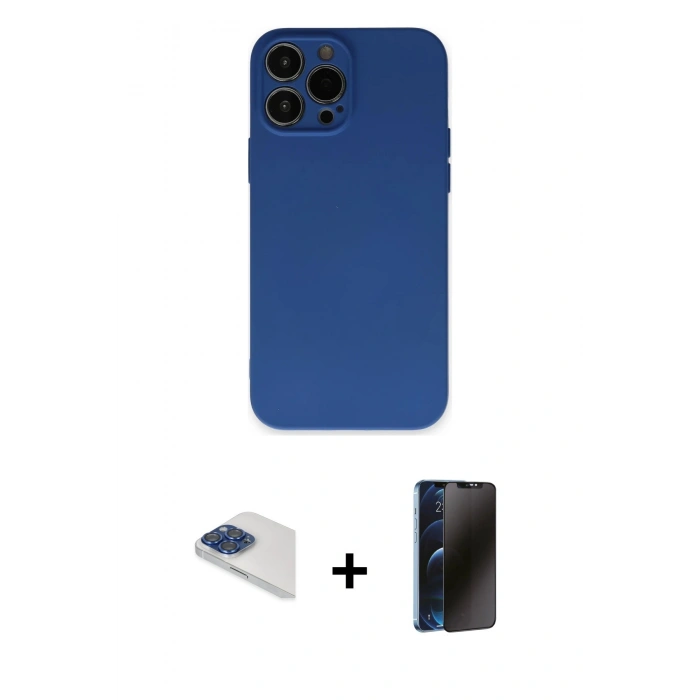 MARSİLYAN™- iPhone 13 Pro Max Kılıf Ahenk Serisi - Siyah 3D Antistatik Hayalet Cam Ekran Koruyucu + Pers Alüminyum Kamera Lens - LT