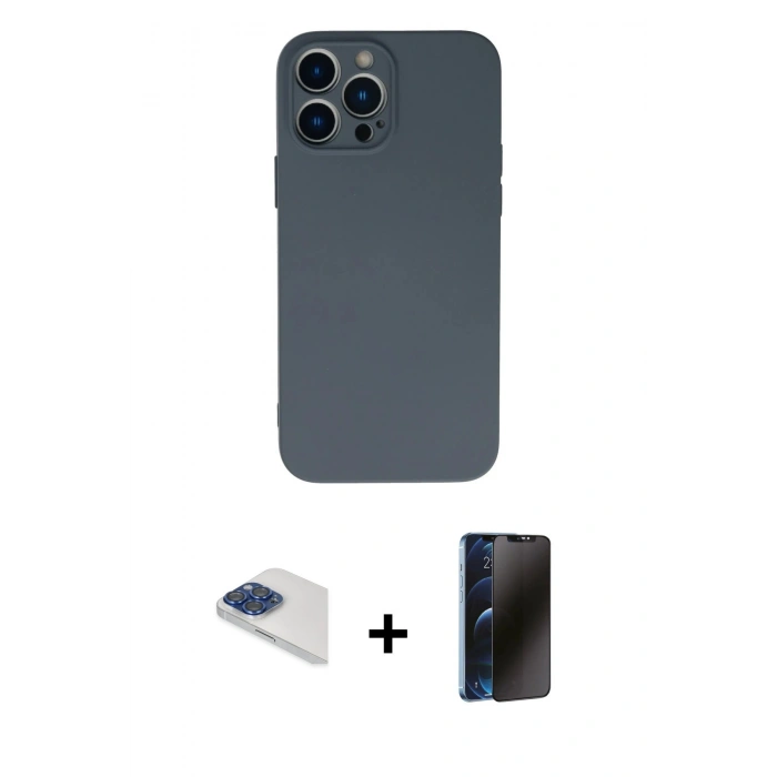 MARSİLYAN™- iPhone 13 Pro Max Kılıf Ahenk Serisi - Siyah 3D Antistatik Hayalet Cam Ekran Koruyucu + Pers Alüminyum Kamera Lens - LT