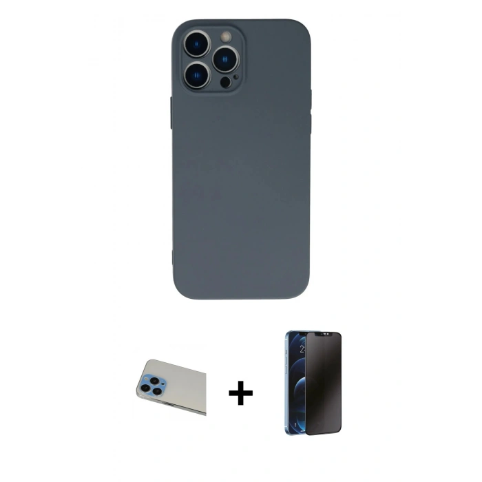 MARSİLYAN™- iPhone 13 Pro Max Kılıf Ahenk Serisi - Siyah 3D Antistatik Hayalet Cam Ekran Koruyucu + Rainbow Kamera Lens Koruma Cam - MI