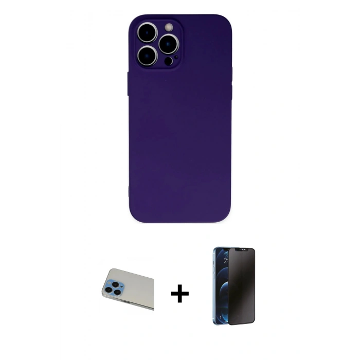 MARSİLYAN™- iPhone 13 Pro Max Kılıf Ahenk Serisi - Siyah 3D Antistatik Hayalet Cam Ekran Koruyucu + Rainbow Kamera Lens Koruma Cam - MI