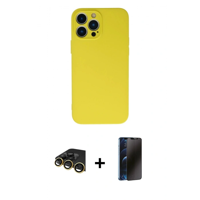MARSİLYAN™- iPhone 13 Pro Max Kılıf Ahenk Serisi - Siyah 3D Antistatik Hayalet Cam Ekran Koruyucu + Raze Metal Kamera Lens - GD