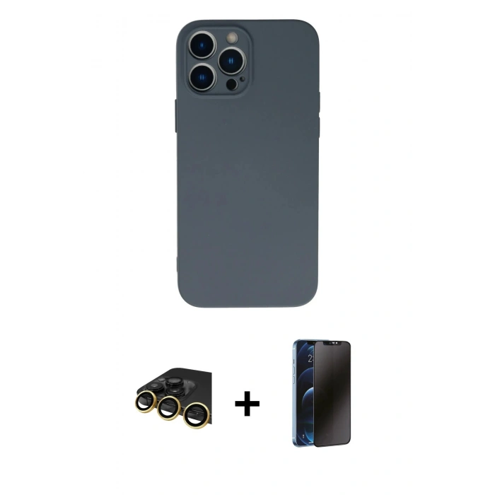 MARSİLYAN™- iPhone 13 Pro Max Kılıf Ahenk Serisi - Siyah 3D Antistatik Hayalet Cam Ekran Koruyucu + Raze Metal Kamera Lens - GD