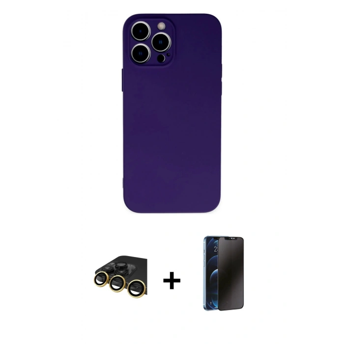 MARSİLYAN™- iPhone 13 Pro Max Kılıf Ahenk Serisi - Siyah 3D Antistatik Hayalet Cam Ekran Koruyucu + Raze Metal Kamera Lens - GD