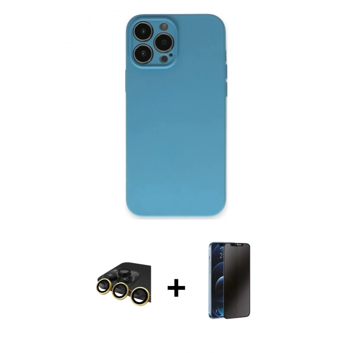 MARSİLYAN™- iPhone 13 Pro Max Kılıf Ahenk Serisi - Siyah 3D Antistatik Hayalet Cam Ekran Koruyucu + Raze Metal Kamera Lens - GD