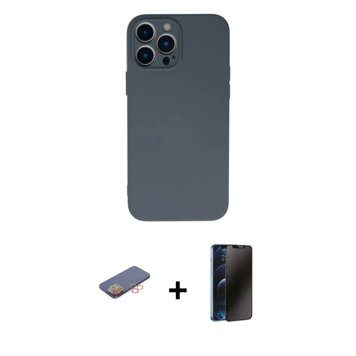 MARSİLYAN™- iPhone 13 Pro Max Kılıf Ahenk Serisi - Siyah 3D Antistatik Hayalet Cam Ekran Koruyucu + Renkli Kamera Lens Koruma Cam - TU