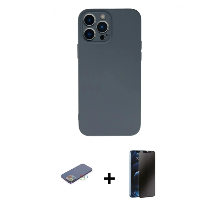 MARSİLYAN™- iPhone 13 Pro Max Kılıf Ahenk Serisi - Siyah 3D Antistatik Hayalet Cam Ekran Koruyucu + Renkli Kamera Lens Koruma Cam - MI