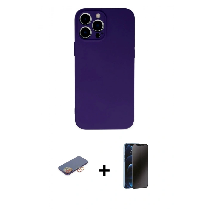 MARSİLYAN™- iPhone 13 Pro Max Kılıf Ahenk Serisi - Siyah 3D Antistatik Hayalet Cam Ekran Koruyucu + Renkli Kamera Lens Koruma Cam - TU