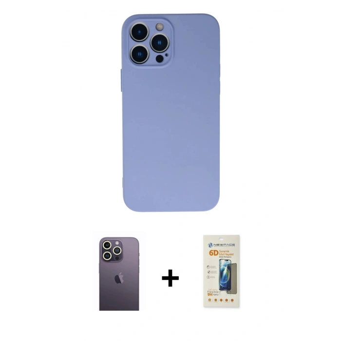 MARSİLYAN™- iPhone 13 Pro Max Kılıf Ahenk Serisi - Siyah 6D Mat Seramik Hayalet Nano Ekran Koruyucu + Neon Fosforlu Kamera Lens - BZ