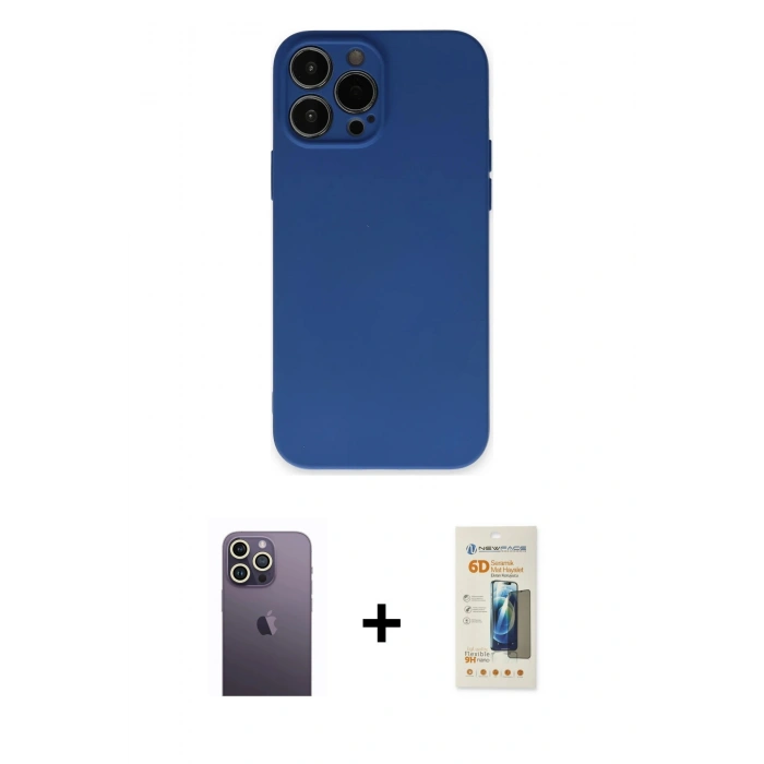 MARSİLYAN™- iPhone 13 Pro Max Kılıf Ahenk Serisi - Siyah 6D Mat Seramik Hayalet Nano Ekran Koruyucu + Neon Fosforlu Kamera Lens - BZ