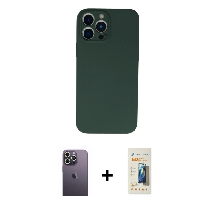 MARSİLYAN™- iPhone 13 Pro Max Kılıf Ahenk Serisi - Siyah 6D Mat Seramik Hayalet Nano Ekran Koruyucu + Neon Fosforlu Kamera Lens - BZ