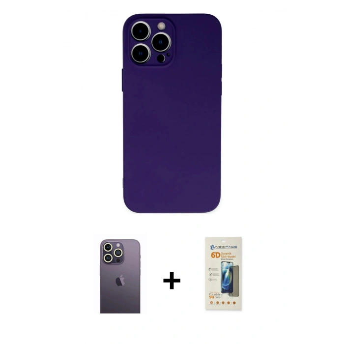 MARSİLYAN™- iPhone 13 Pro Max Kılıf Ahenk Serisi - Siyah 6D Mat Seramik Hayalet Nano Ekran Koruyucu + Neon Fosforlu Kamera Lens - BZ