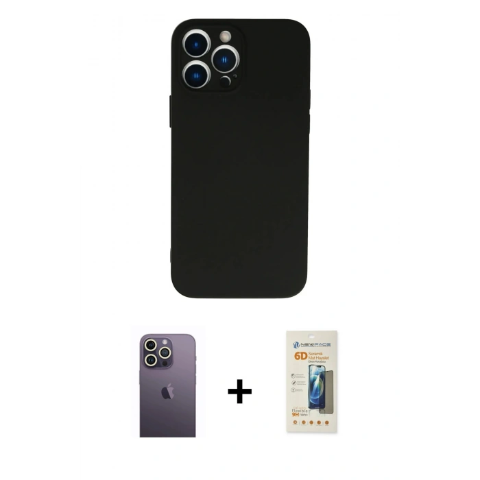MARSİLYAN™- iPhone 13 Pro Max Kılıf Ahenk Serisi - Siyah 6D Mat Seramik Hayalet Nano Ekran Koruyucu + Neon Fosforlu Kamera Lens - BZ