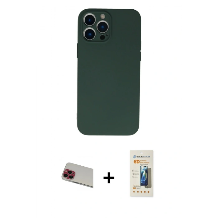 MARSİLYAN™- iPhone 13 Pro Max Kılıf Ahenk Serisi - Siyah 6D Mat Seramik Hayalet Nano Ekran Koruyucu + Kırmızı Rainbow Kamera Lens Koruma Cam