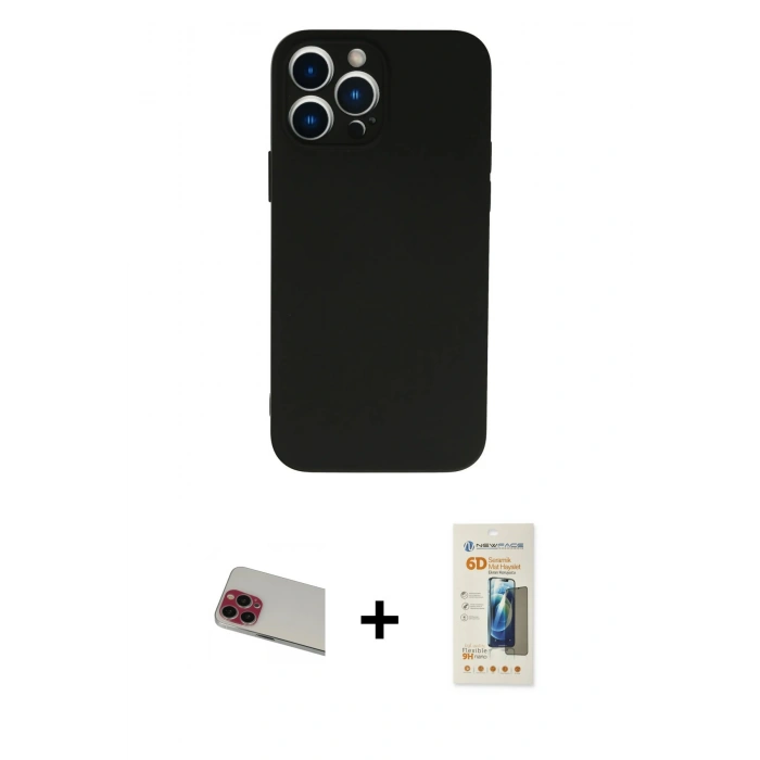 MARSİLYAN™- iPhone 13 Pro Max Kılıf Ahenk Serisi - Siyah 6D Mat Seramik Hayalet Nano Ekran Koruyucu + Kırmızı Rainbow Kamera Lens Koruma Cam