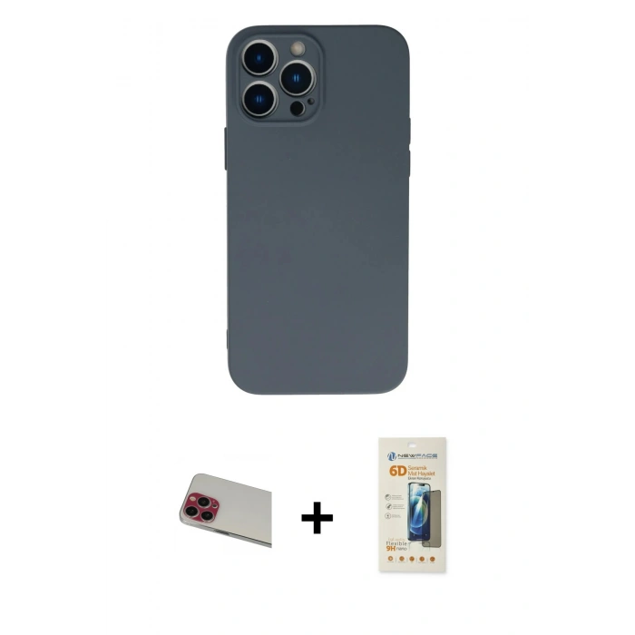 MARSİLYAN™- iPhone 13 Pro Max Kılıf Ahenk Serisi - Siyah 6D Mat Seramik Hayalet Nano Ekran Koruyucu + Kırmızı Rainbow Kamera Lens Koruma Cam