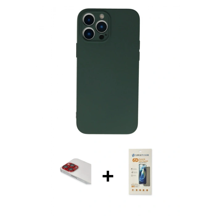 MARSİLYAN™- iPhone 13 Pro Max Kılıf Ahenk Serisi - Siyah 6D Mat Seramik Hayalet Nano Ekran Koruyucu + Pers Alüminyum Kamera Lens - KI