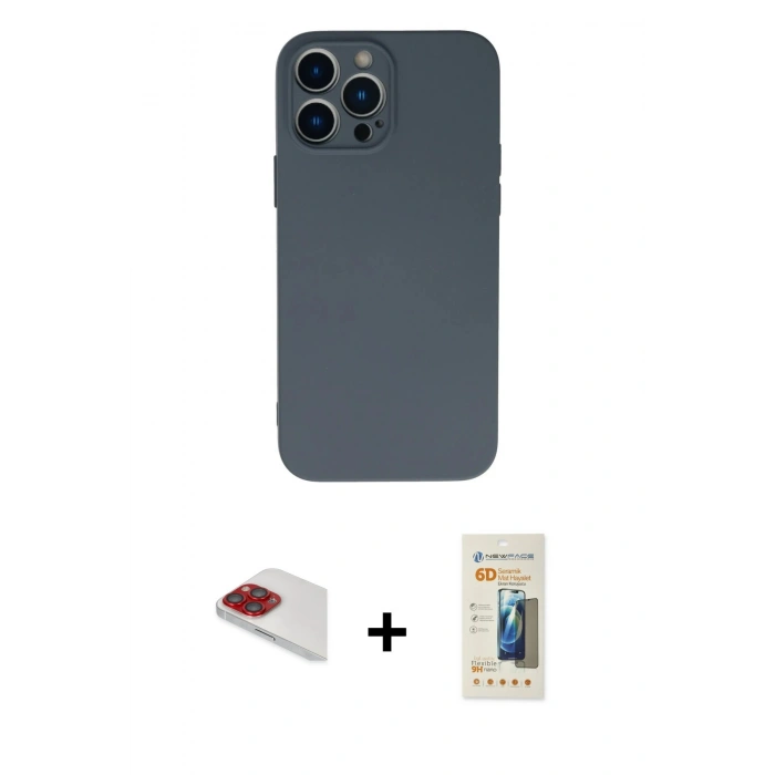 MARSİLYAN™- iPhone 13 Pro Max Kılıf Ahenk Serisi - Siyah 6D Mat Seramik Hayalet Nano Ekran Koruyucu + Pers Alüminyum Kamera Lens - KI