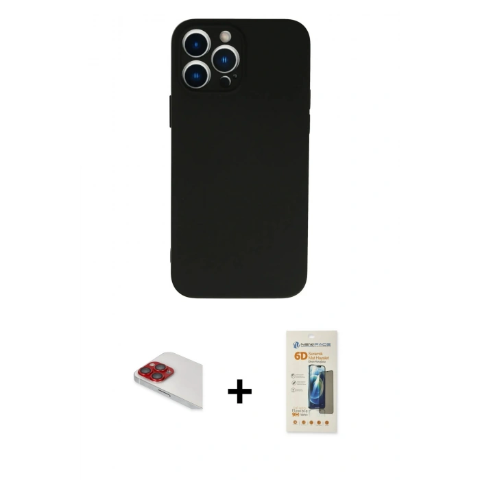 MARSİLYAN™- iPhone 13 Pro Max Kılıf Ahenk Serisi - Siyah 6D Mat Seramik Hayalet Nano Ekran Koruyucu + Pers Alüminyum Kamera Lens - KI