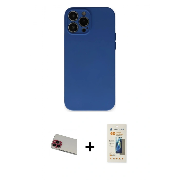 MARSİLYAN™- iPhone 13 Pro Max Kılıf Ahenk Serisi - Siyah 6D Mat Seramik Hayalet Nano Ekran Koruyucu + Kırmızı Rainbow Kamera Lens Koruma Cam