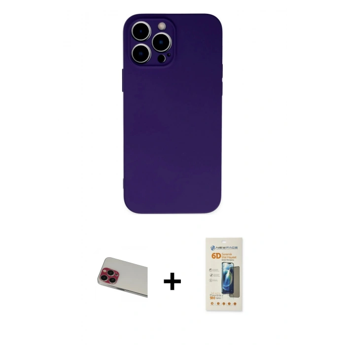 MARSİLYAN™- iPhone 13 Pro Max Kılıf Ahenk Serisi - Siyah 6D Mat Seramik Hayalet Nano Ekran Koruyucu + Kırmızı Rainbow Kamera Lens Koruma Cam