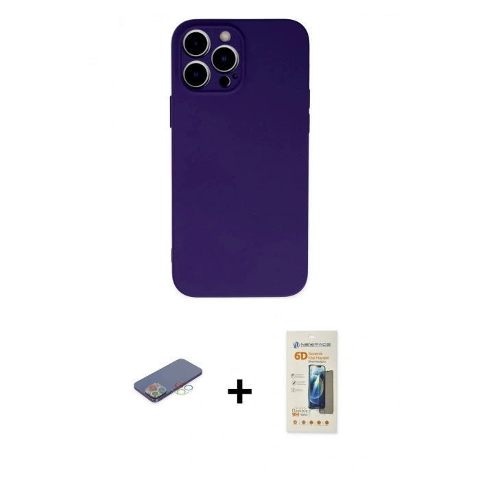 MARSİLYAN™- iPhone 13 Pro Max Kılıf Ahenk Serisi - Siyah 6D Mat Seramik Hayalet Nano Ekran Koruyucu + Renkli Kamera Lens Koruma Cam - MI
