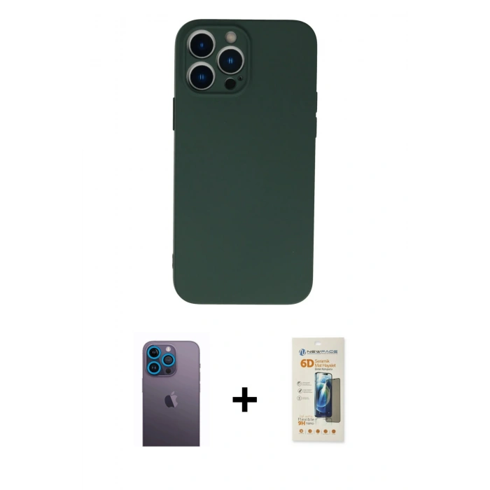 MARSİLYAN™- iPhone 13 Pro Max Kılıf Ahenk Serisi - Siyah 6D Mat Seramik Hayalet Nano Ekran Koruyucu + Mavi Neon Fosforlu Kamera Lens