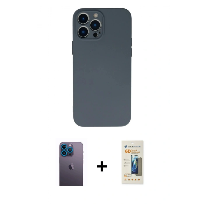 MARSİLYAN™- iPhone 13 Pro Max Kılıf Ahenk Serisi - Siyah 6D Mat Seramik Hayalet Nano Ekran Koruyucu + Mavi Neon Fosforlu Kamera Lens